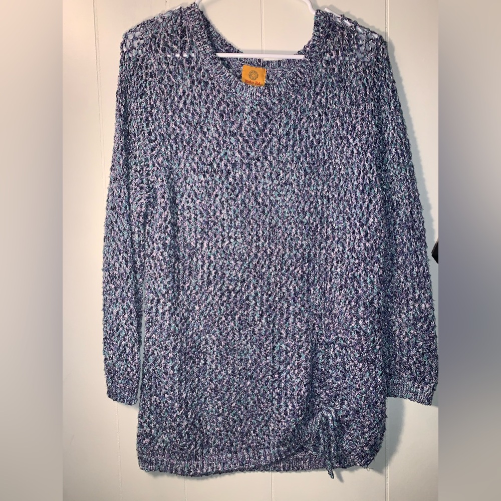 Ruby Rd. Purple and Blue Crew Neck crochet style Sweater Cozy Knit. Beach cover